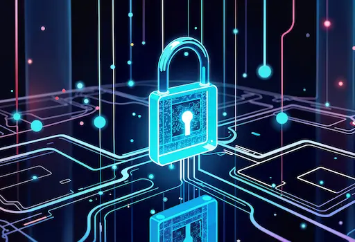 Candado color azul de Ciberseguridad sobre un fondo negro con líneas digitales de color lila y azul